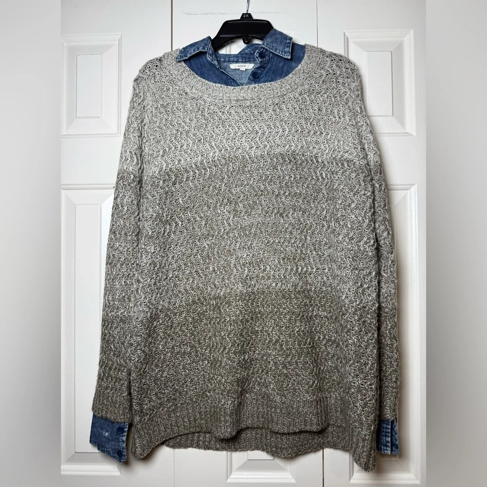 Easel Multi-tone Beige Sweater With Acid Wash Jean Collar Top‎